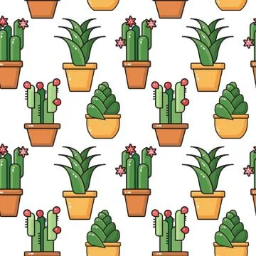 Vector seamless pattern of  houseplants in ceramic pots. Illustrazione stock