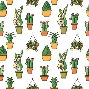 Vector seamless pattern of  houseplants in ceramic pots. Stock Illustration