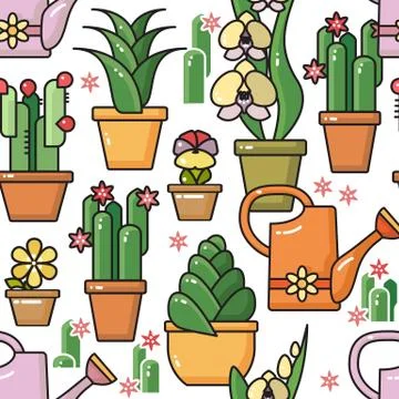 Vector seamless pattern of  houseplants in ceramic pots. Stock-Illustration