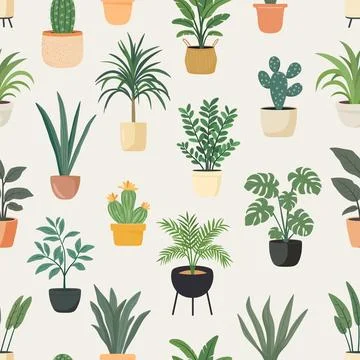 Vector Seamless Pattern With Houseplants In Modern Pots. Houseplants With Green Stock Illustration