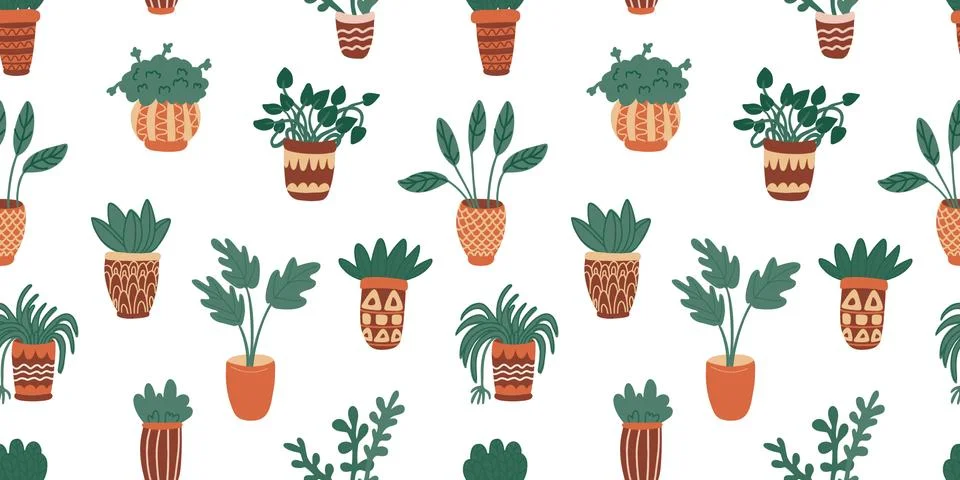 Vector seamless pattern with houseplants in pots. Stock Illustration