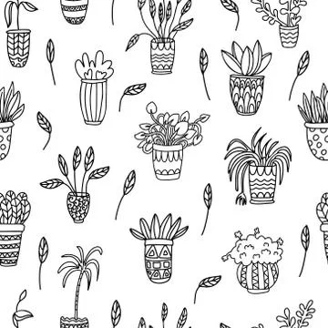 Vector seamless pattern with houseplants in pots doodle. Stock Illustration