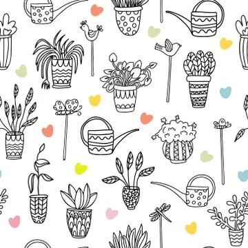 Vector seamless pattern with houseplants in pots decorated with patterns. Stock Illustration