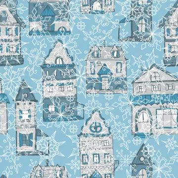 Vector seamless pattern with houses and snowflakes Stock Illustration