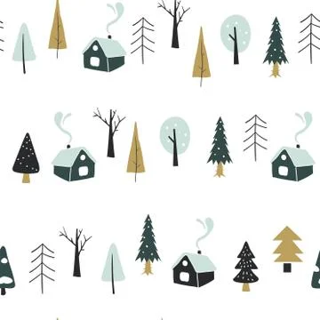 Vector seamless pattern with houses and forest. Christmas wrapping paper. Hand Illustrazione stock