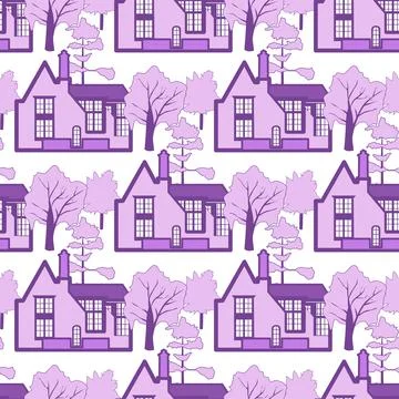 Vector seamless pattern of houses and trees Stock Illustration