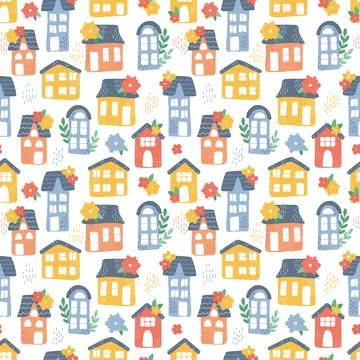 Vector seamless pattern with houses and flowers. Stock Illustration