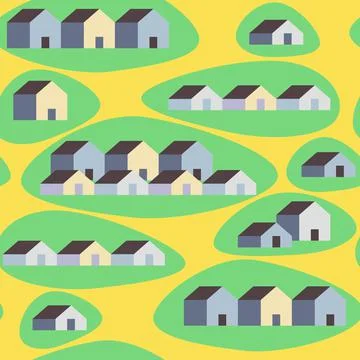 Vector seamless pattern with houses on green geometric shape on yellow Stock Illustration