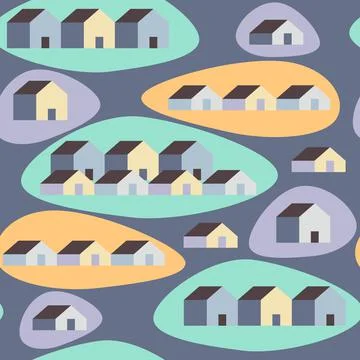 Vector seamless pattern of houses on orange and aqua geometric pastel shape. Stock Illustration
