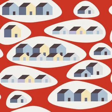 Vector seamless pattern with houses on snow white geometric shape on red Stock Illustration