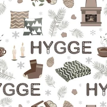 Vector seamless pattern with hygge lettering and cozy things Stock Illustration