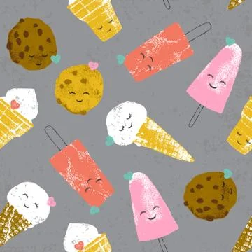 Vector seamless pattern with ice creams and cookies and spots Stock Illustration