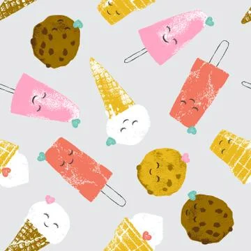 Vector seamless pattern with ice creams and cookies and spots Stock Illustration