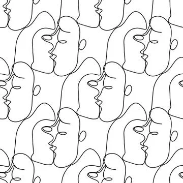 Vector seamless pattern illustration with abstract kissing faces in line art Stock Illustration