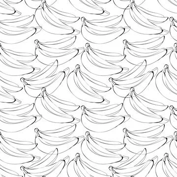 Vector seamless pattern with illustration of bananas in line art black color on Stock Illustration