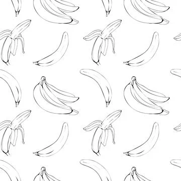 Vector seamless pattern with illustration of bananas in line art black color on Stock Illustration