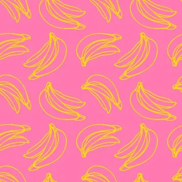 Vector seamless pattern with illustration of bananas in line art yellow color on Stock Illustration