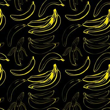 Vector seamless pattern with illustration of bananas in line art yellow color on Stock Illustration