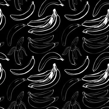 Vector seamless pattern with illustration of bananas in line art white color on Stock Illustration