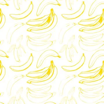 Vector seamless pattern with illustration of bananas in line art yellow color on Stock Illustration
