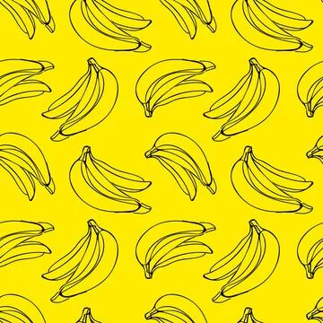 Vector seamless pattern with illustration of bananas in line art black color on Stock Illustration
