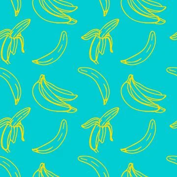 Vector seamless pattern with illustration of bananas in line art yellow color on Stock Illustration