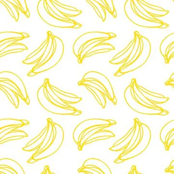 Vector seamless pattern with illustration of bananas in line art yellow color on Stock Illustration