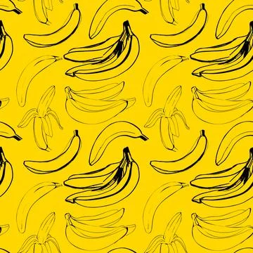Vector seamless pattern with illustration of bananas in line art black color on 스톡 일러스트
