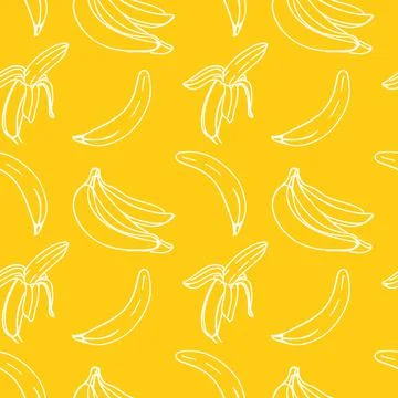 Vector seamless pattern with illustration of bananas in line art white color on Stock Illustration