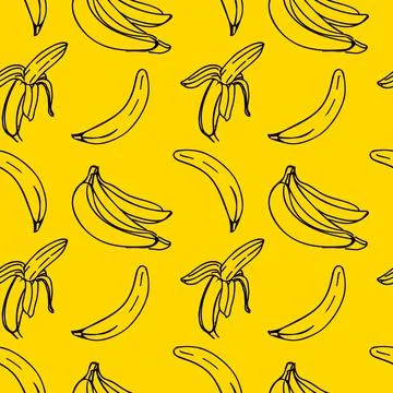 Vector seamless pattern with illustration of bananas in line art black color on Stock Illustration