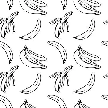 Vector seamless pattern with illustration of bananas in line art black color on Stock Illustration