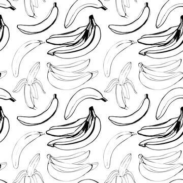 Vector seamless pattern with illustration of bananas in line art black color on Stock Illustration