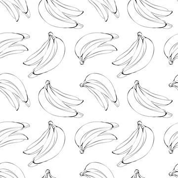 Vector seamless pattern with illustration of bananas in line art black color on Stock Illustration