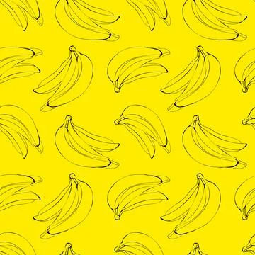 Vector seamless pattern with illustration of bananas in line art black color on Stock Illustration