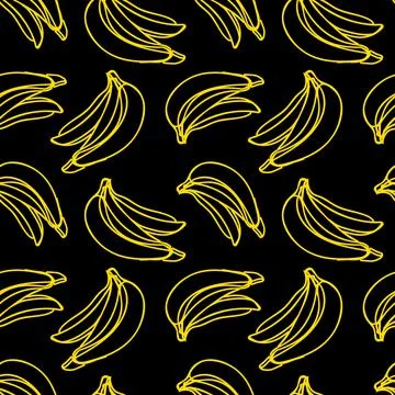 Vector seamless pattern with illustration of bananas in line art yellow color on Stock Illustration