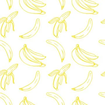 Vector seamless pattern with illustration of bananas in line art yellow color on Stock Illustration