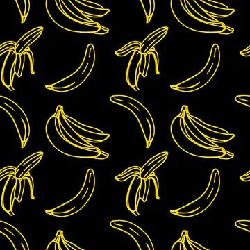 Vector seamless pattern with illustration of bananas in line art yellow color on Stock Illustration