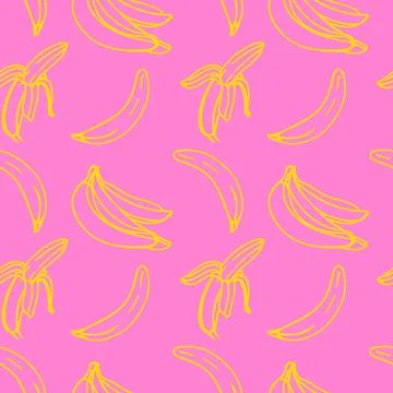Vector seamless pattern with illustration of bananas in line art yellow color on Stock Illustration