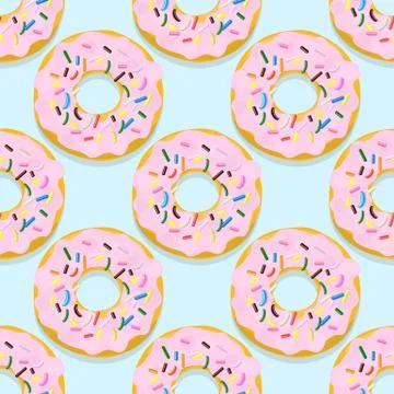 Vector seamless pattern illustration of donuts in pink glaze on a blue Stock Illustration