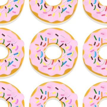 Vector seamless pattern illustration of donuts in pink glaze on a white Stock Illustration