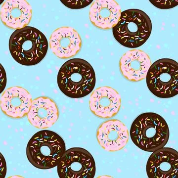 Vector seamless pattern illustration of donuts in chocolate and pink glaze on a Stock Illustration