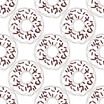 Vector seamless pattern illustration of donuts in line art brown color on a Stock Illustration