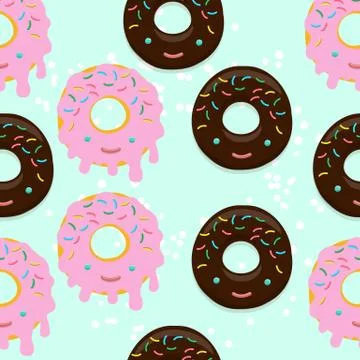 Vector seamless pattern illustration of donuts in chocolate and pink glaze in Stock Illustration