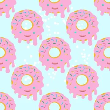 Vector seamless pattern illustration of donuts in pink glaze in kawaii style on Stock Illustration