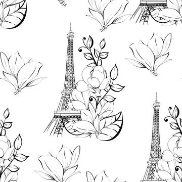 Vector seamless pattern illustration of Eiffel Tower and flower. Magnolia Stock Illustration