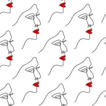 Vector seamless pattern illustration with female faces in line art style black Stock Illustration