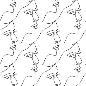 Vector seamless pattern illustration with female faces in line art style on Stock Illustration