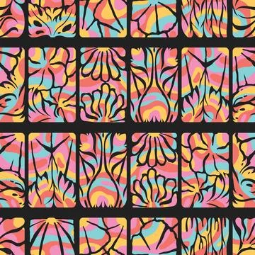 Vector seamless pattern illustration of groovy colorful abstract flowers an.. Stock Illustration