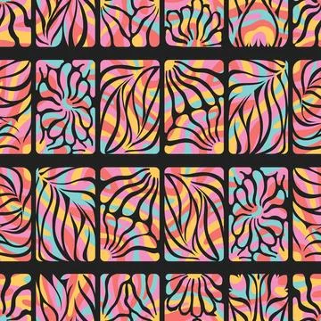 Vector seamless pattern illustration of groovy colorful abstract flowers an.. Stock Illustration
