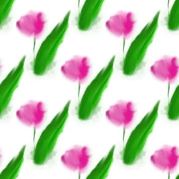 Vector seamless pattern with illustration pink tulips in watercolor style on Stock Illustration